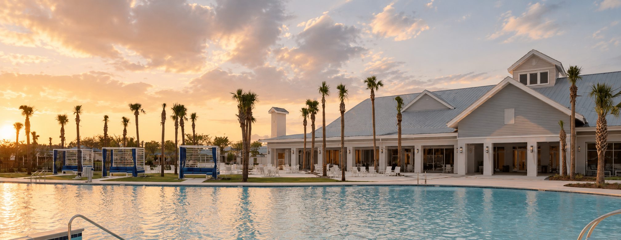 Resort-style community clubhouse and pool lined with palm trees at sunset near Charleston, South Carolina