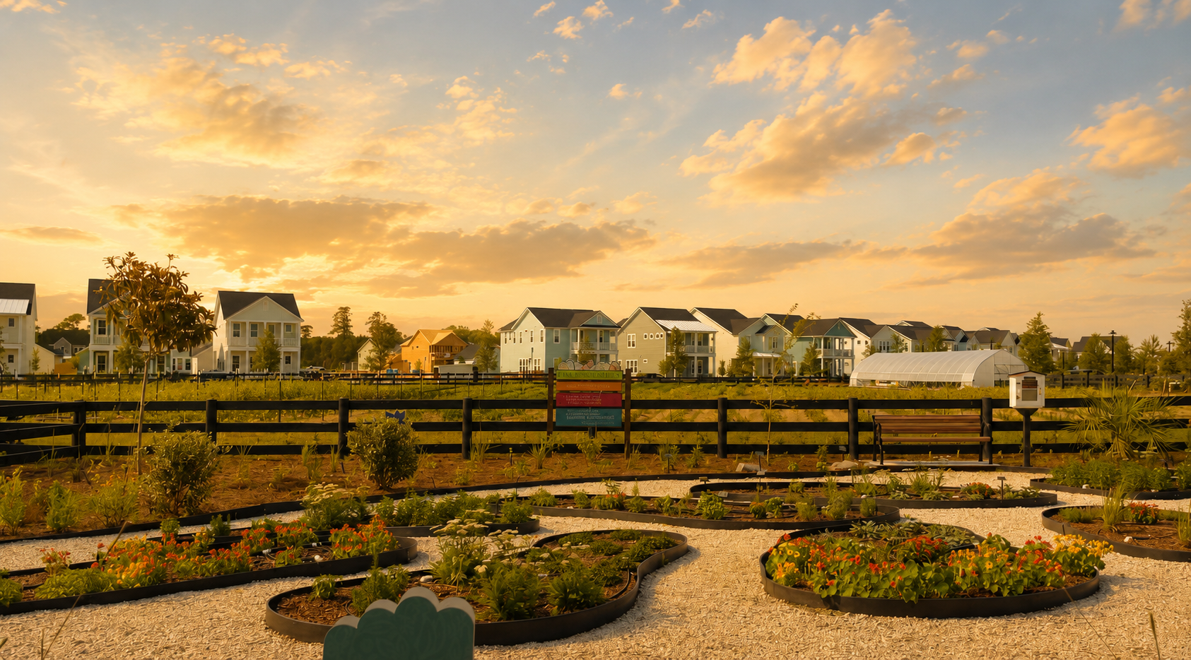 Charming front-porch homes along a landscaped street in the Carnes Crossroads community