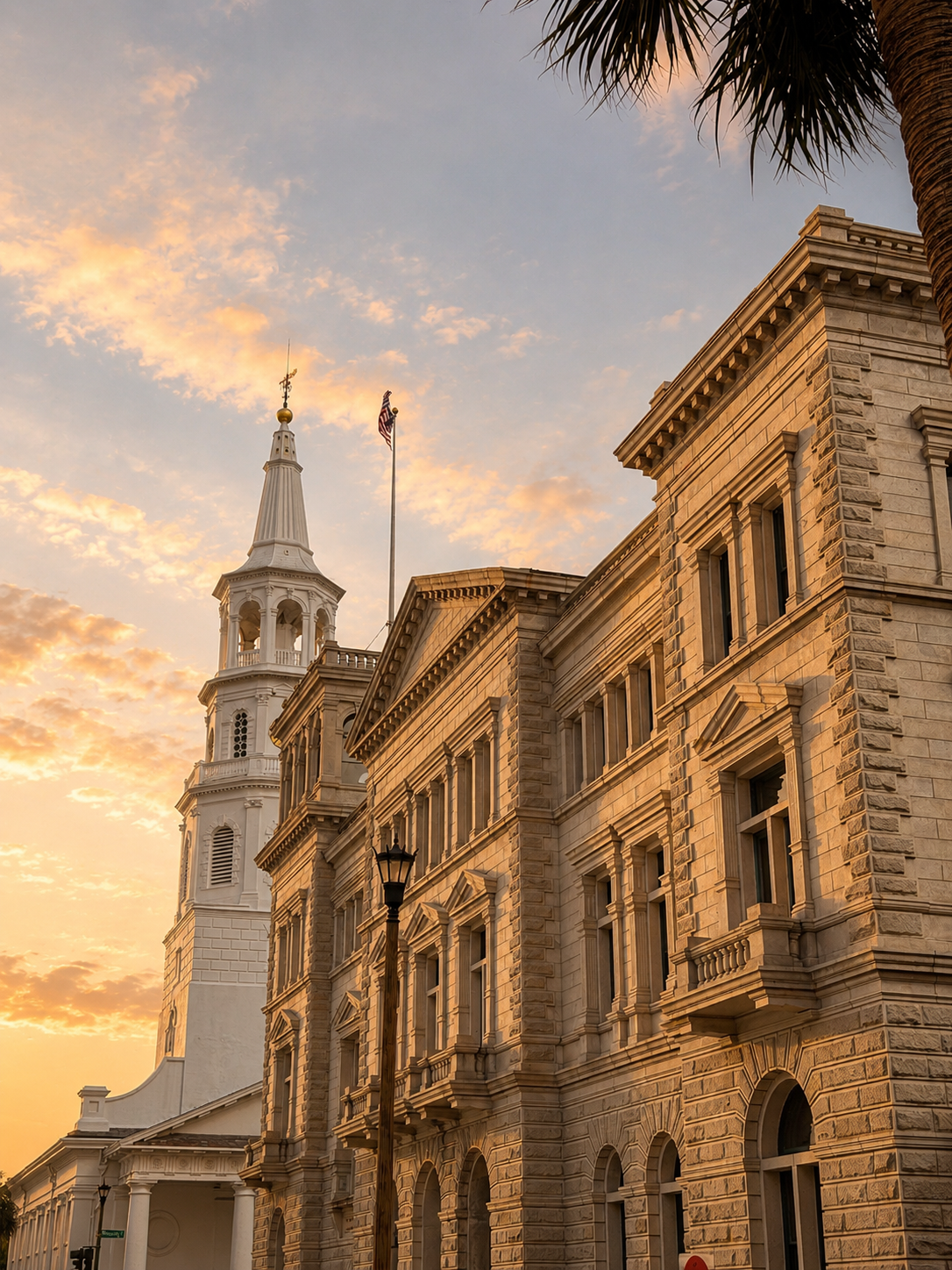 Historic Charleston architecture with a church steeple and stone building at golden hour