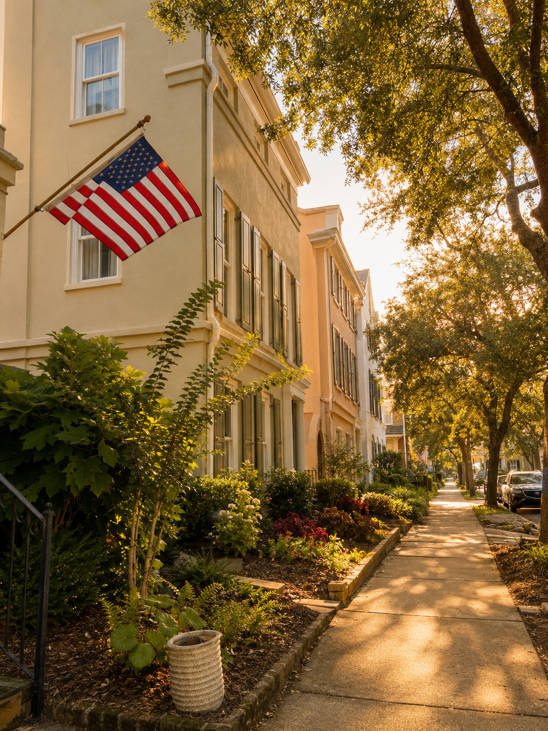 Sunlit historic Charleston-area street with stately homes, an American flag, and a tree-lined sidewalk