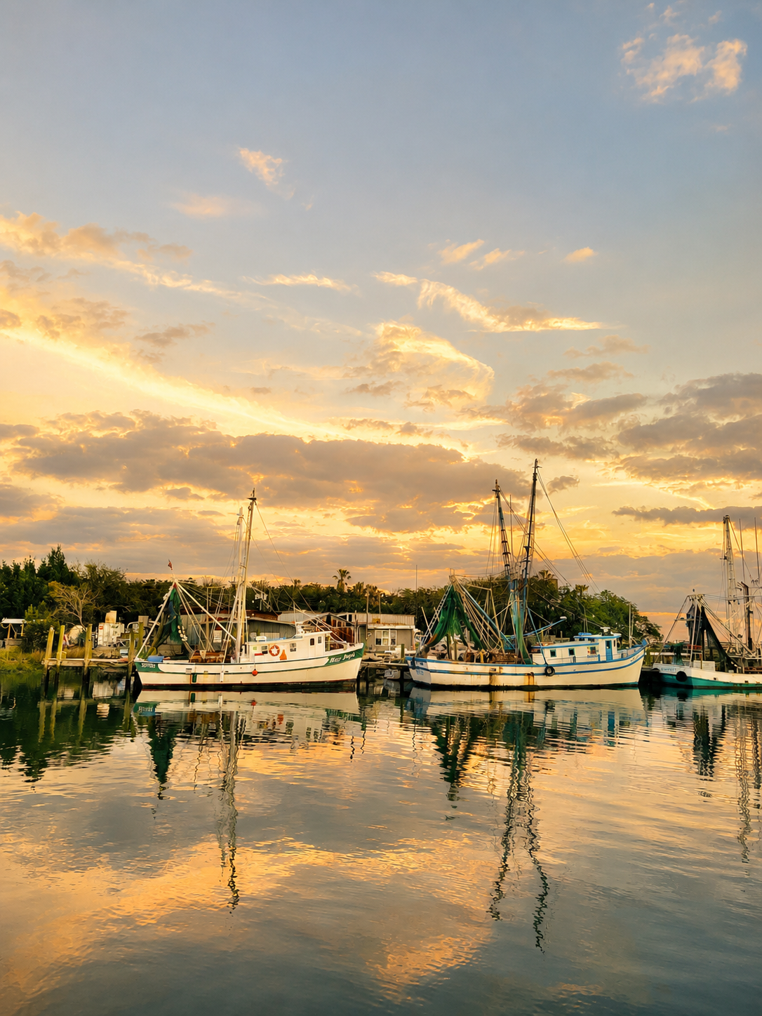 Shrimp boats reflected on calm Lowcountry water at sunset near Charleston, South Carolina