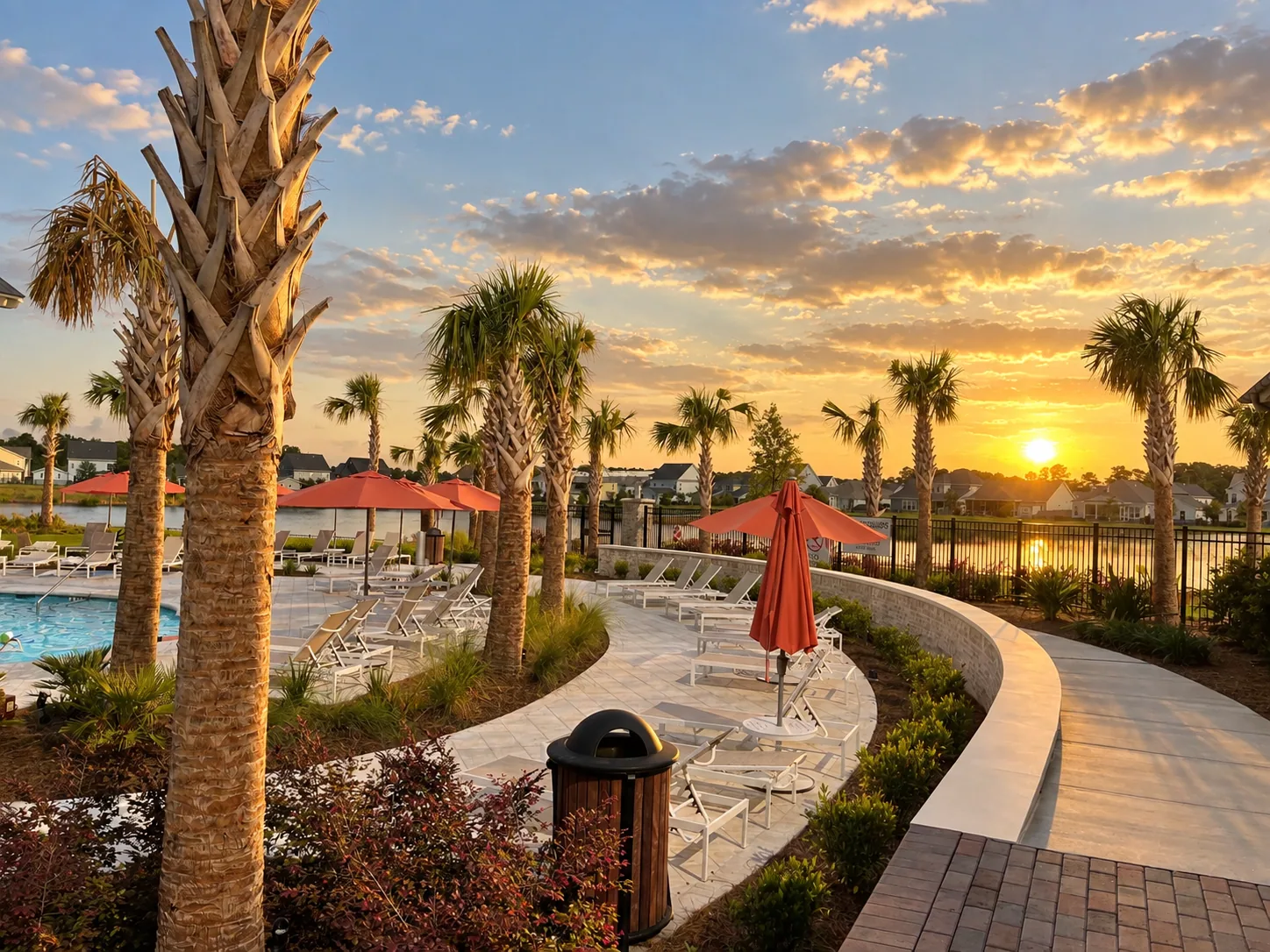 Community pool, palm trees and lake at sunset in Carnes Crossroads, South Carolina