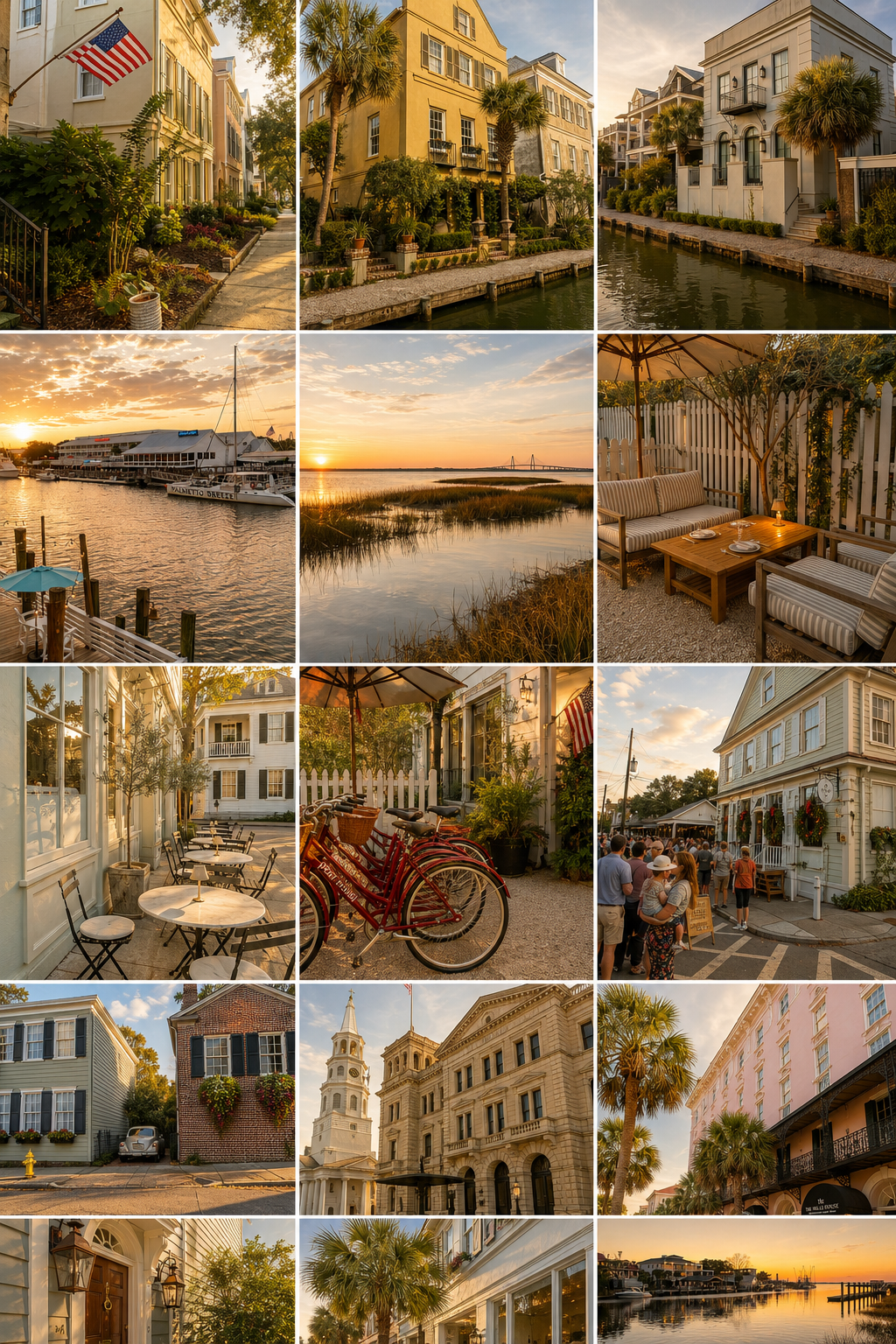 Charleston, South Carolina waterfront and Lowcountry marsh at golden hour