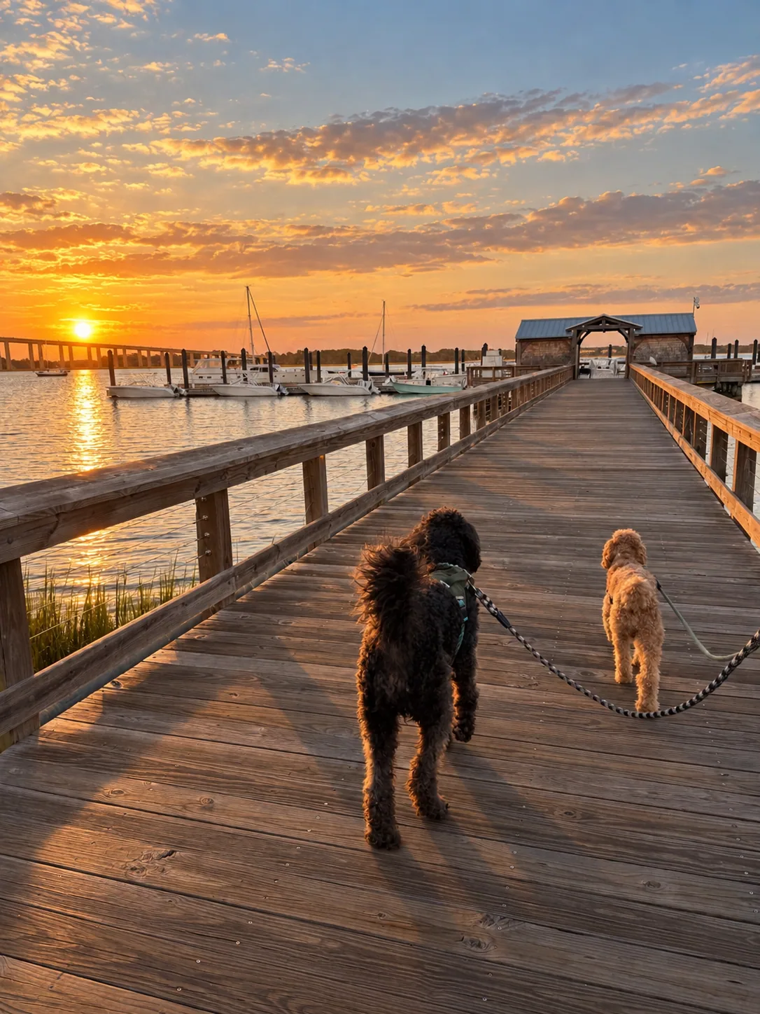Two dogs walking along a marina boardwalk at sunset on Daniel Island, South Carolina