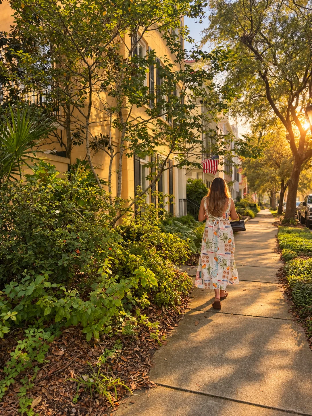 Pedestrian walking along a tree-lined street with historic homes in Downtown Charleston, South Carolina