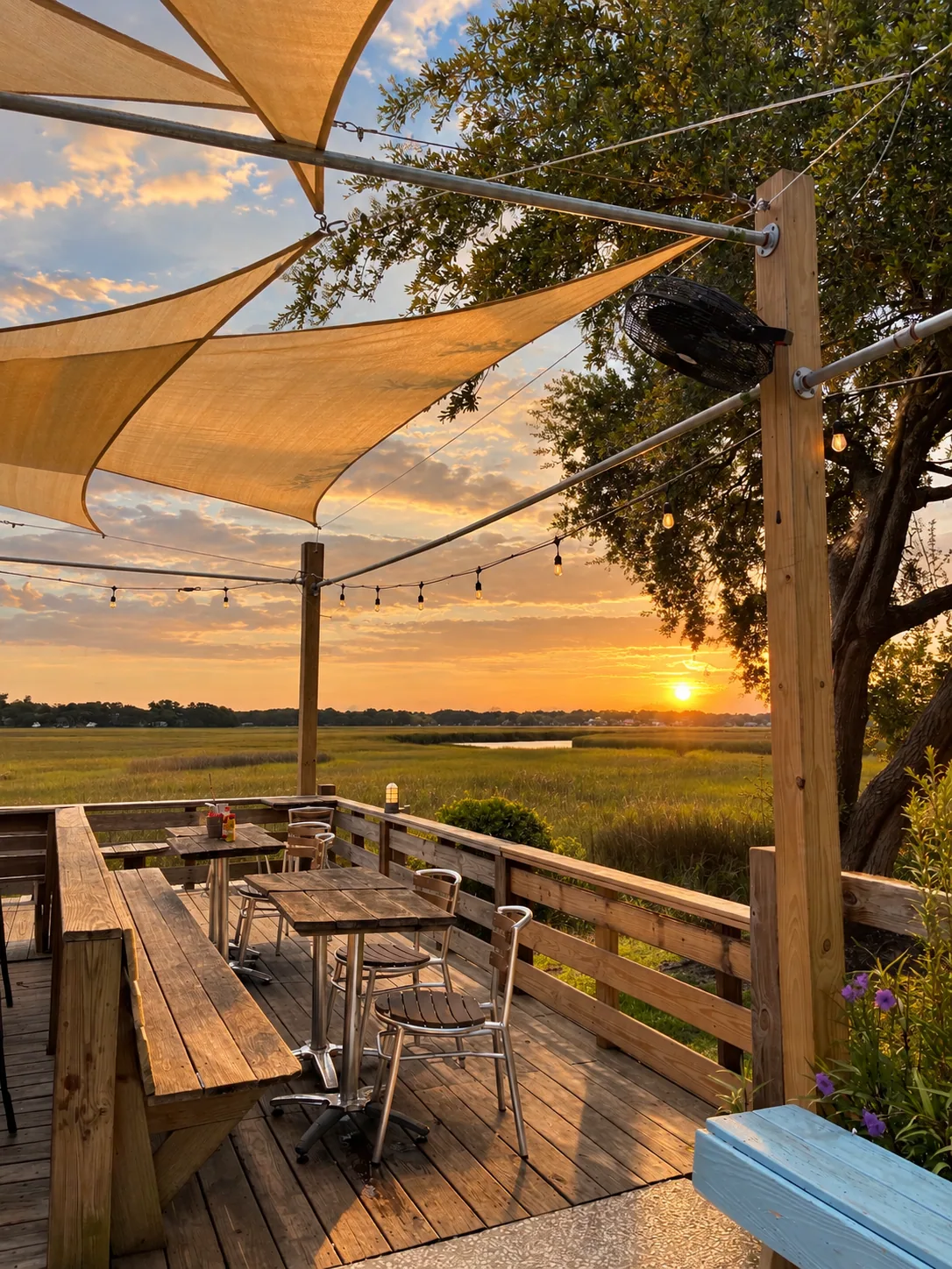 Outdoor deck overlooking the marsh at sunset on James Island, South Carolina