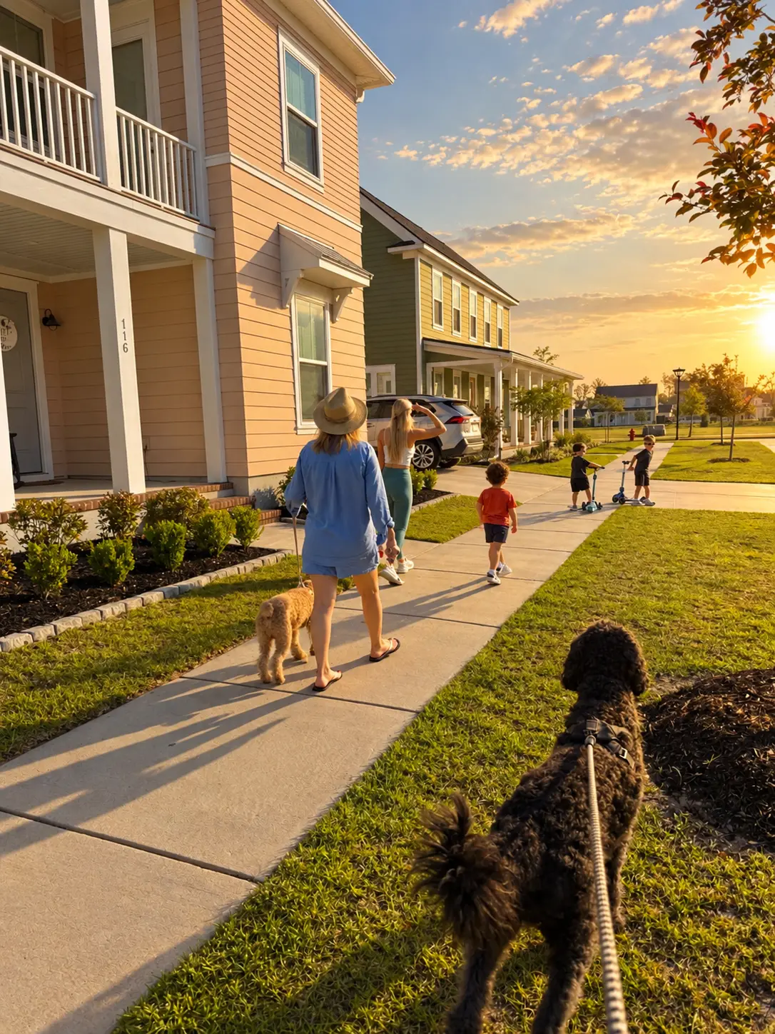 Sidewalk lined with two-story homes at sunset in Nexton, South Carolina