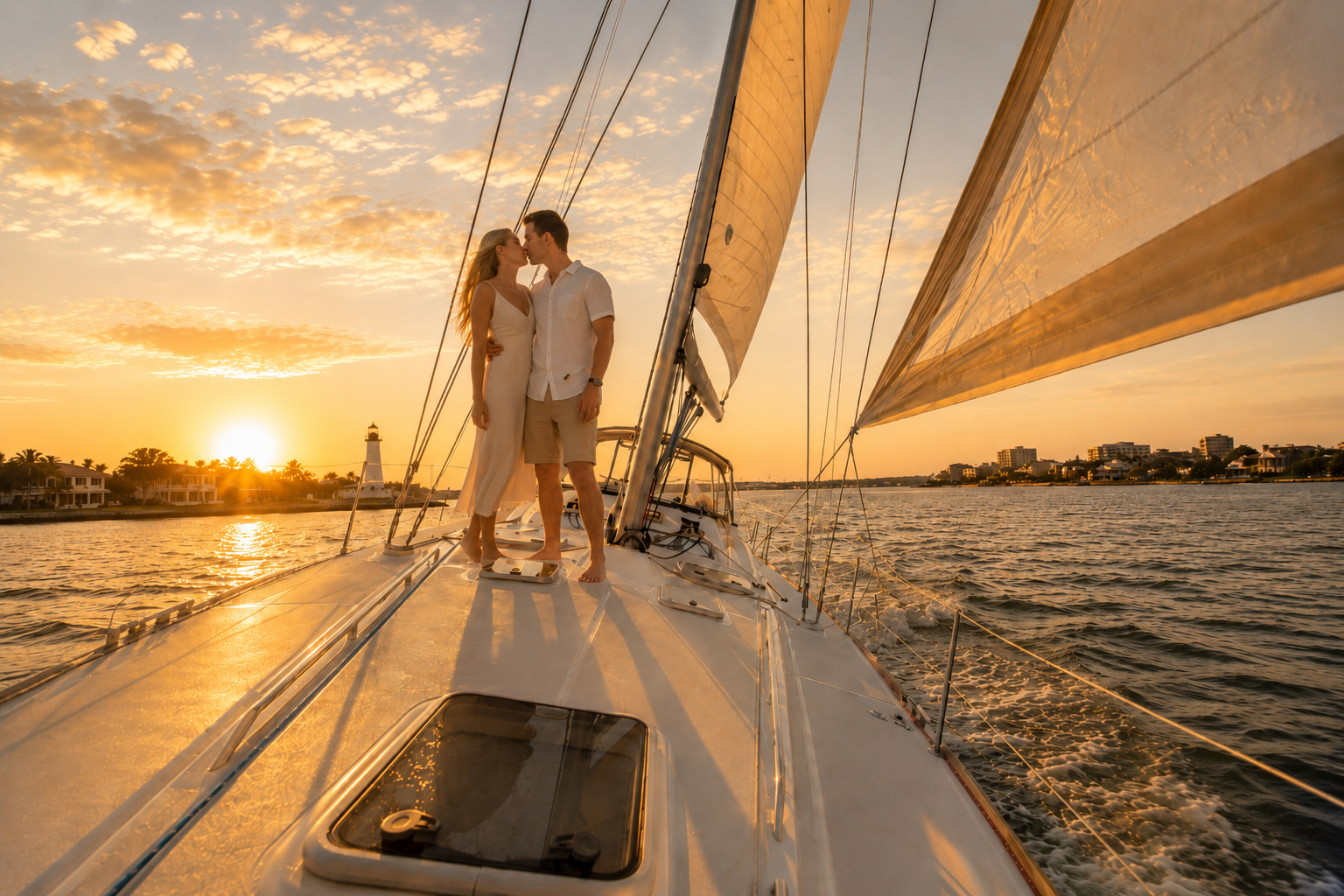 A couple sailing into a Charleston sunset